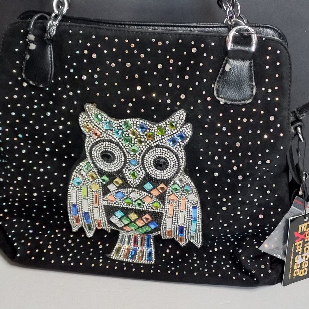 Handbag Express Rhinestone Owl Shoulder Hobo Bag Black